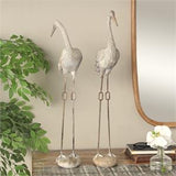 Cream Polystone Bird Tall Carved Crane Sculpture with Long Legs Set of 2 28"X26"H