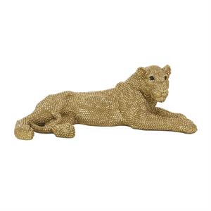 Gold Resin Leopard Laying Floor Sculpture with Carved Faceted Diamond Exterior, 25