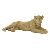 Gold Resin Leopard Laying Floor Sculpture with Carved Faceted Diamond Exterior, 25" x 12" x 9"