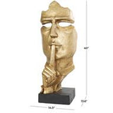 Gold Polystone Abstract Large Cutout Quiet Gesture Face Sculpture with Black Base - 14" X 15" X 40"