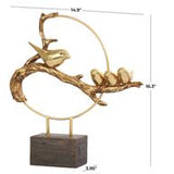 Gold Polystone Bird Family on a Branch Sculpture with Brown Block Base - 15" X 4" X 16"