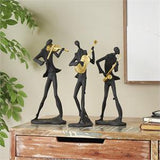 Black Polystone Musician Abstract Sculpture with Gold Instrumets and Music Notes - Set of 3