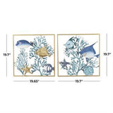 Metal Art -  Fish with Gold Frames and Coral Background Set of 2 - 20"W x 20"H