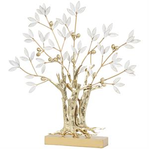 Gold Metal Tree Metallic Sculpture with White Leaves - 23" X 3" X 24"