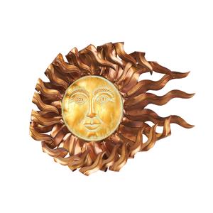 Copper Metal Sun Wall Decor with Gold Sun Face and Folded Wavy Rays, 30" x 3" x 24"