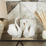 White Resin Swan Textured Sculpture, Set of 2 11", 12"H