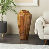 Brown Teak Wood Handmade Tall Floor Vase with Mosaic Live Edge Pieces