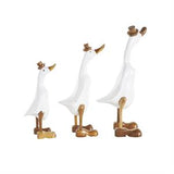 White Bamboo Wood Duck Sculpture with Brown Top Hats and Shoes