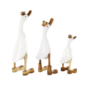 White Bamboo Wood Duck Sculpture with Brown Top Hats and Shoes