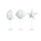 White Polystone Sea Life Shell and Starfish Sculpture with Blue Coral Patterns Set of 3