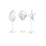 White Polystone Sea Life Shell and Starfish Sculpture with Blue Coral Patterns Set of 3