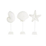 White Polystone Sea Life Shell and Starfish Sculpture with Blue Coral Patterns Set of 3