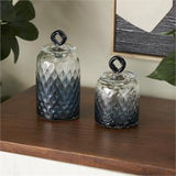 Dark Blue Glass Faceted Ombre Decorative Jars with Diamond Knobs Set Of 2