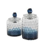 Dark Blue Glass Faceted Ombre Decorative Jars with Diamond Knobs Set Of 2