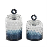 Dark Blue Glass Faceted Ombre Decorative Jars with Diamond Knobs Set Of 2