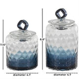 Dark Blue Glass Faceted Ombre Decorative Jars with Diamond Knobs Set Of 2