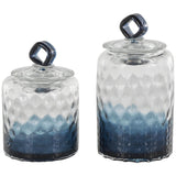 Dark Blue Glass Faceted Ombre Decorative Jars with Diamond Knobs Set Of 2