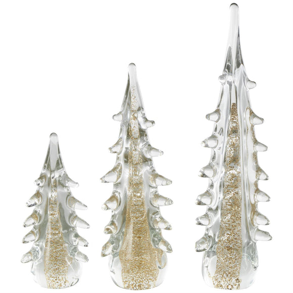 Gold Glass Tree Dimensional Sculpture with Gold Flake Accents Set Of 3