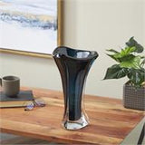 Dark Blue Glass Abstract Ombre Tulip Vase with Clear Base -  8" X 8" X 15"