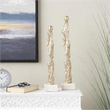 Gold Aluminum Metal Abstract Tall Textured Figurine Sculpture with Marble Bases Set Of 2