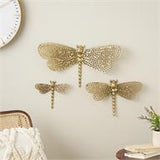 Gold Aluminum Metal Dragonfly Wall Decor with Spotted Cutout Wings Set Of 3