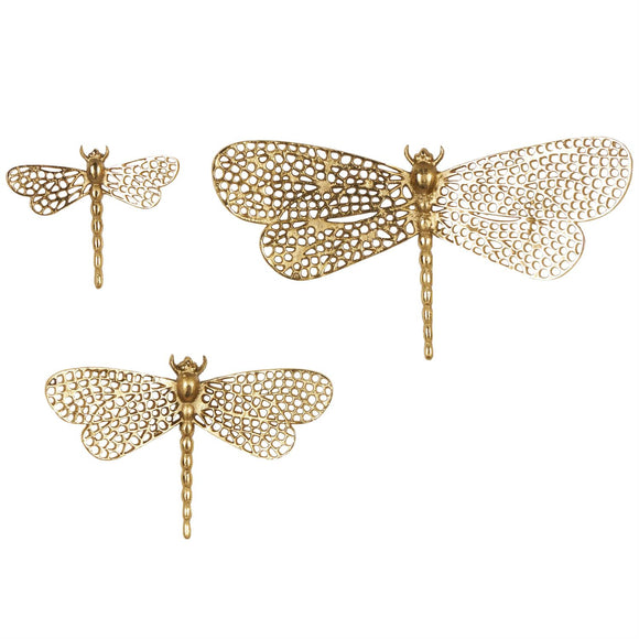 Gold Aluminum Metal Dragonfly Wall Decor with Spotted Cutout Wings Set Of 3