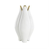 White Ceramic Dimensional Tulip Shaped Vase with Metallic Gold Rim