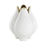 White Ceramic Dimensional Tulip Shaped Vase with Metallic Gold Rim