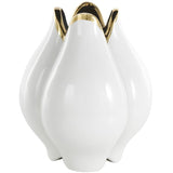 White Ceramic Dimensional Tulip Shaped Vase with Metallic Gold Rim