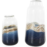 Dark Blue Glass Abstract Textured Swirl Vase with Gold and Cream Accents Set Of 2