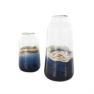 Dark Blue Glass Abstract Textured Swirl Vase with Gold and Cream Accents Set Of 2