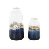 Dark Blue Glass Abstract Textured Swirl Vase with Gold and Cream Accents Set Of 2