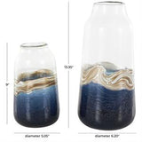 Dark Blue Glass Abstract Textured Swirl Vase with Gold and Cream Accents Set Of 2