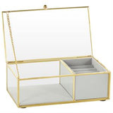 Clear Glass Jewelry Box with Gold Metal Frame and Gray Fabric Interior with Ring Slots