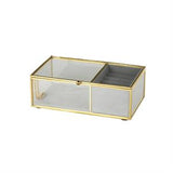 Clear Glass Jewelry Box with Gold Metal Frame and Gray Fabric Interior with Ring Slots