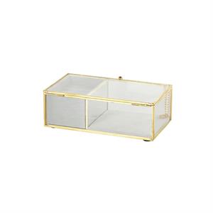 Clear Glass Jewelry Box with Gold Metal Frame and Gray Fabric Interior with Ring Slots