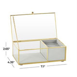 Clear Glass Jewelry Box with Gold Metal Frame and Gray Fabric Interior with Ring Slots