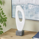 White Marble Abstract Angled Cutout Sculpture with Black Block Base