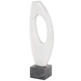 White Marble Abstract Angled Cutout Sculpture with Black Block Base