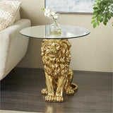 Gold Resin Lion Sitting Accent Table with Glass Tabletop, 24" x 27" x 24"