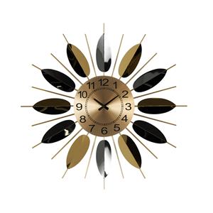 Gold Stainless Steel Metal Leaf Radial Decorative Wall Clock with Black Accents, 26