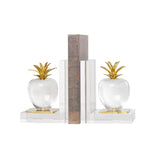 Clear Crystal Fruit Apple Bookends with Gold Leaves Set of 2 4"W x  6"H