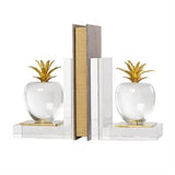 Clear Crystal Fruit Apple Bookends with Gold Leaves Set of 2 4"W x  6"H