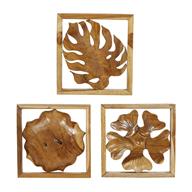 Brown Teak Wood Floral Handmade Framed Carved Leaf and Wall Decor, Set of 3 14", 14", 15"W