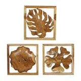 Brown Teak Wood Floral Handmade Framed Carved Leaf and Wall Decor, Set of 3 14", 14", 15"W