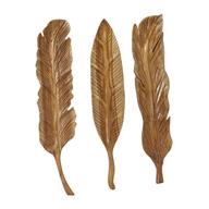 Brown Teak Wood Bird Handmade Carved Feather Wall Decor, Set of 3 7