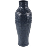 Dark Blue Metal Dimensional Textured Vase with Wavy Pattern - 9" X 9" X 24"