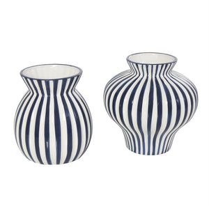 Blue Ceramic Striped Rounded Vase with Varying Shapes Set of 2 8" x 8"H