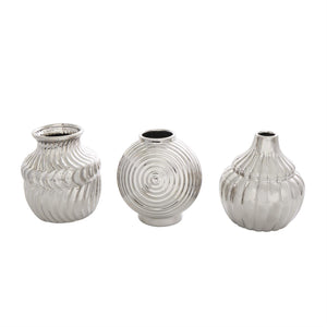 Silver Ceramic Abstract Small Textured Vase with Varying Shapes and Patterns Set of 3 - 5"W, 6"H