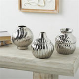 Silver Ceramic Abstract Small Textured Vase with Varying Shapes and Patterns Set of 3 - 5"W, 6"H